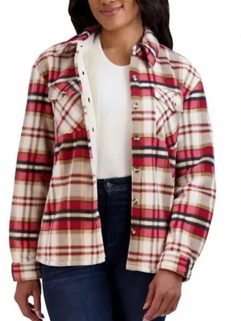 Sage Collective NWT S tan red plaid sherpa lined Plush WARM Pockets shacket